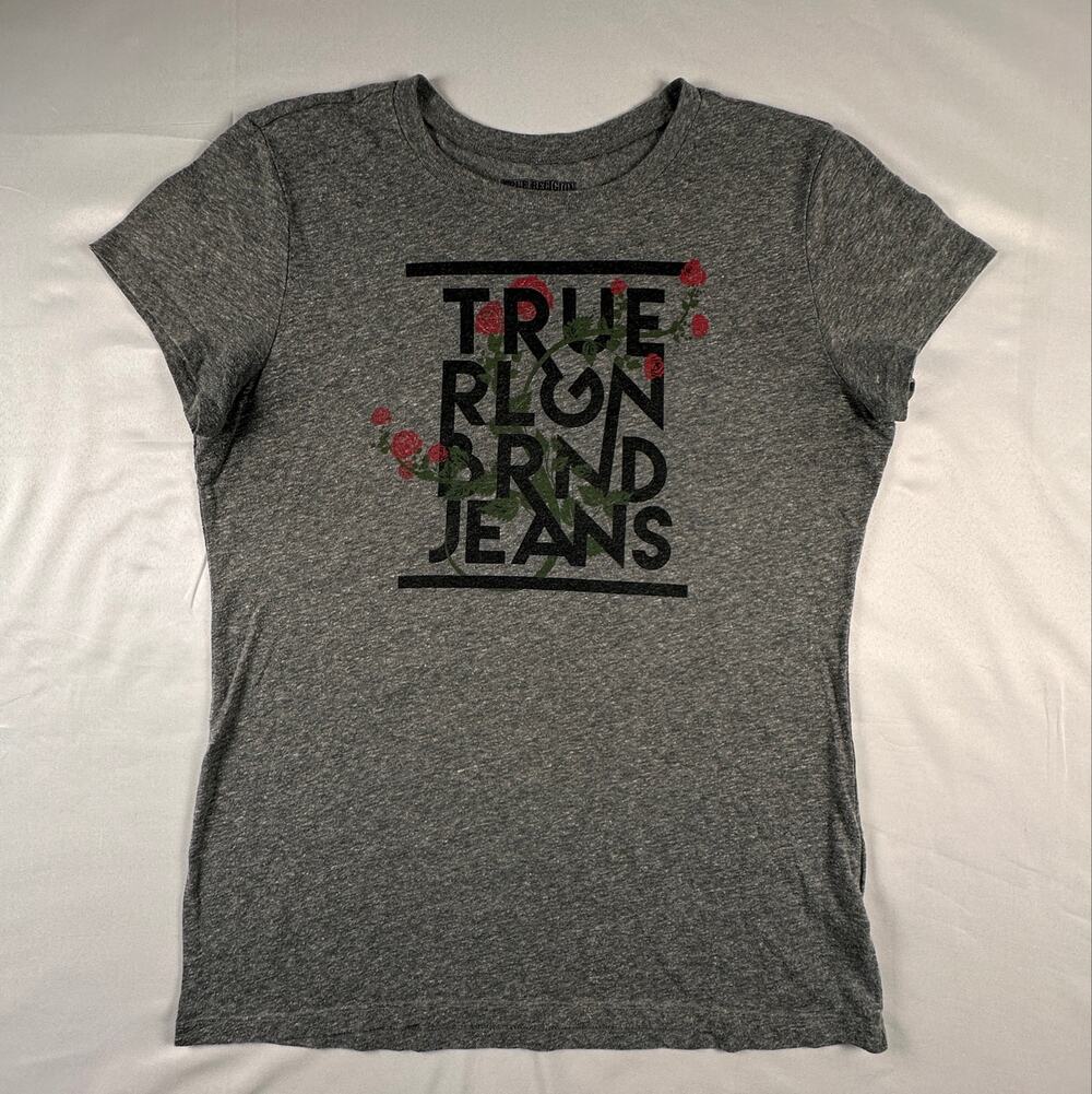 True Religion Womens XL Gray Rose Graphic T Shirt